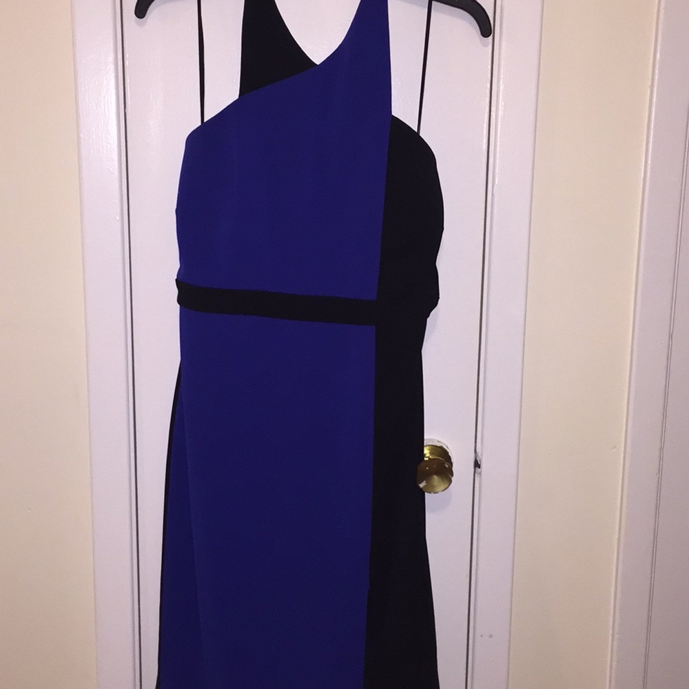Badgley Mischka color block blue and black dress.